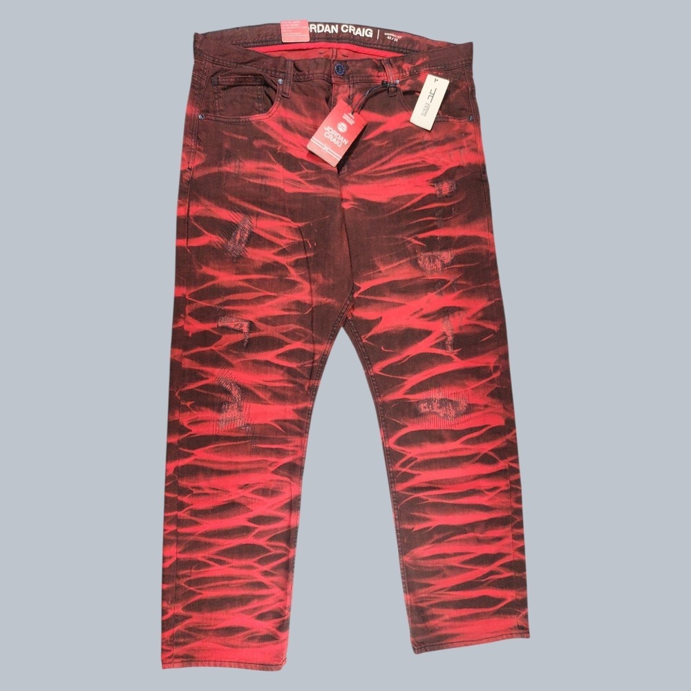 Jordan Craig Men's Distressed Denim Jeans Red Black Tiger Stripe Size 42/32 NWT